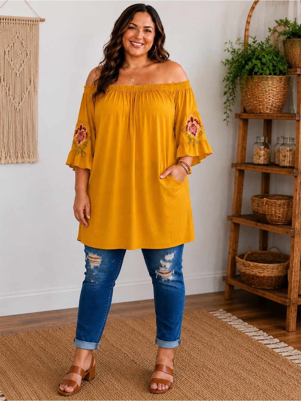Feathers 1X Mustard Yellow Embroidered Off-Shoulder Boho Tunic Top